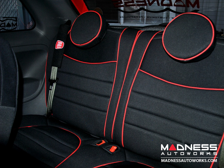FIAT 500 Seat Covers - Rear Seats - Custom Neoprene Design - All Models - Red Piping - open box